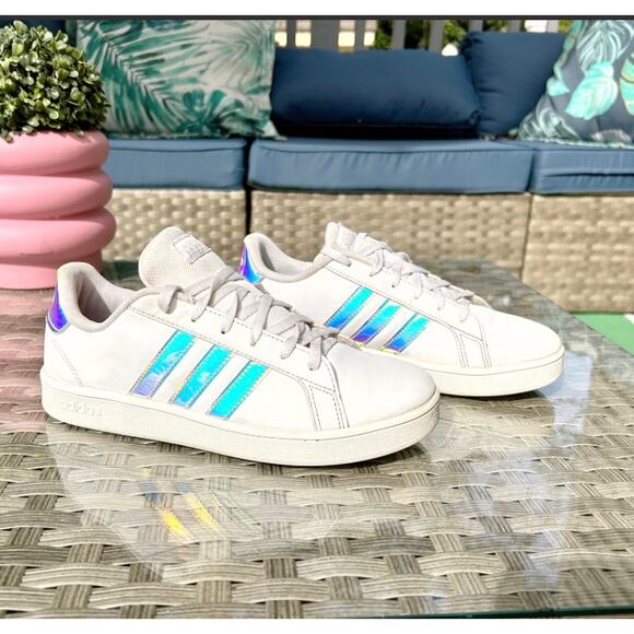 Adidas Grand Court Holographic Stripe Sneakers – White Iridescent – Kids 5Y - Picture 2 of 6